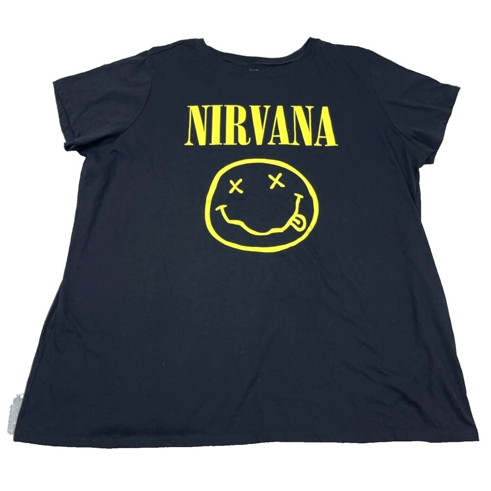 Nirvana‎ Shirt Women 2X Black Yellow Tee Rock Band Concert Smiley Face Ladies